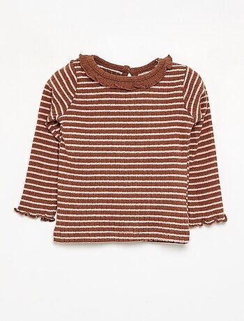 T-shirt a costine con collo e maniche a volant