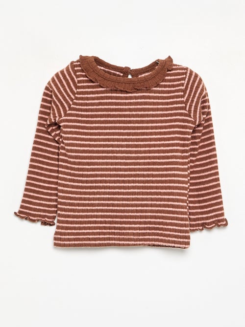 T-shirt a costine con collo e maniche a volant - Kiabi