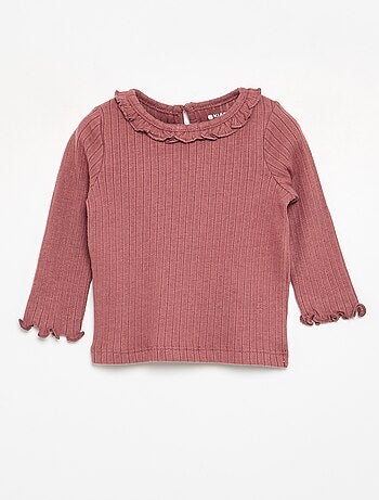 T-shirt a costine con collo e maniche a volant