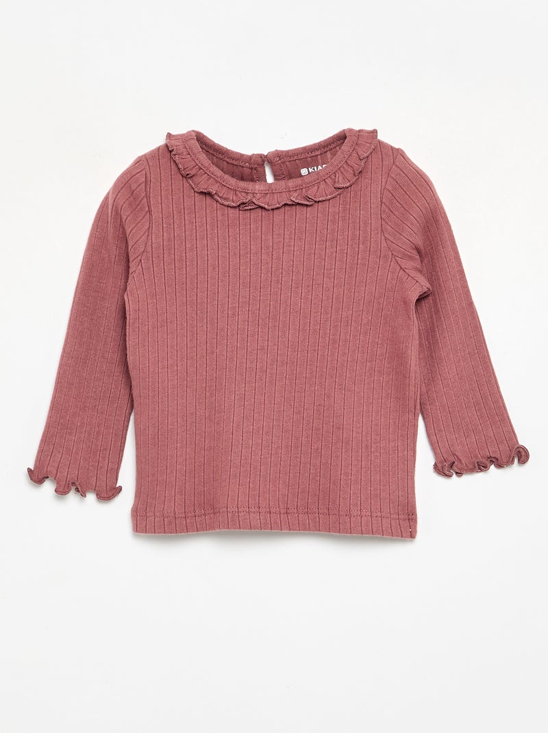 T-shirt a costine con collo e maniche a volant Rosa - Kiabi