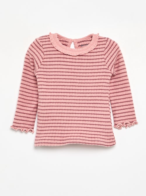T-shirt a costine con collo e maniche a volant - Kiabi