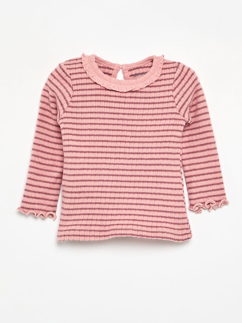 T-shirt a costine con collo e maniche a volant Rosa - Kiabi