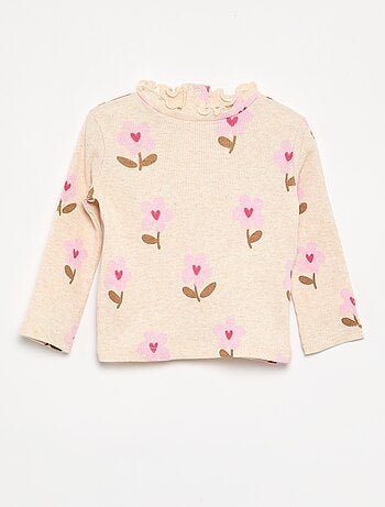 T-shirt a costine con collo ondulato