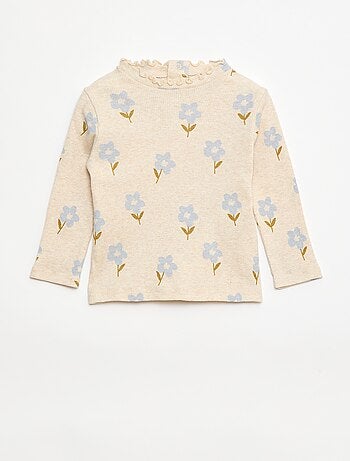 T-shirt a costine con collo ondulato