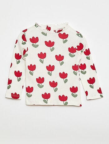 T-shirt a costine con collo ondulato