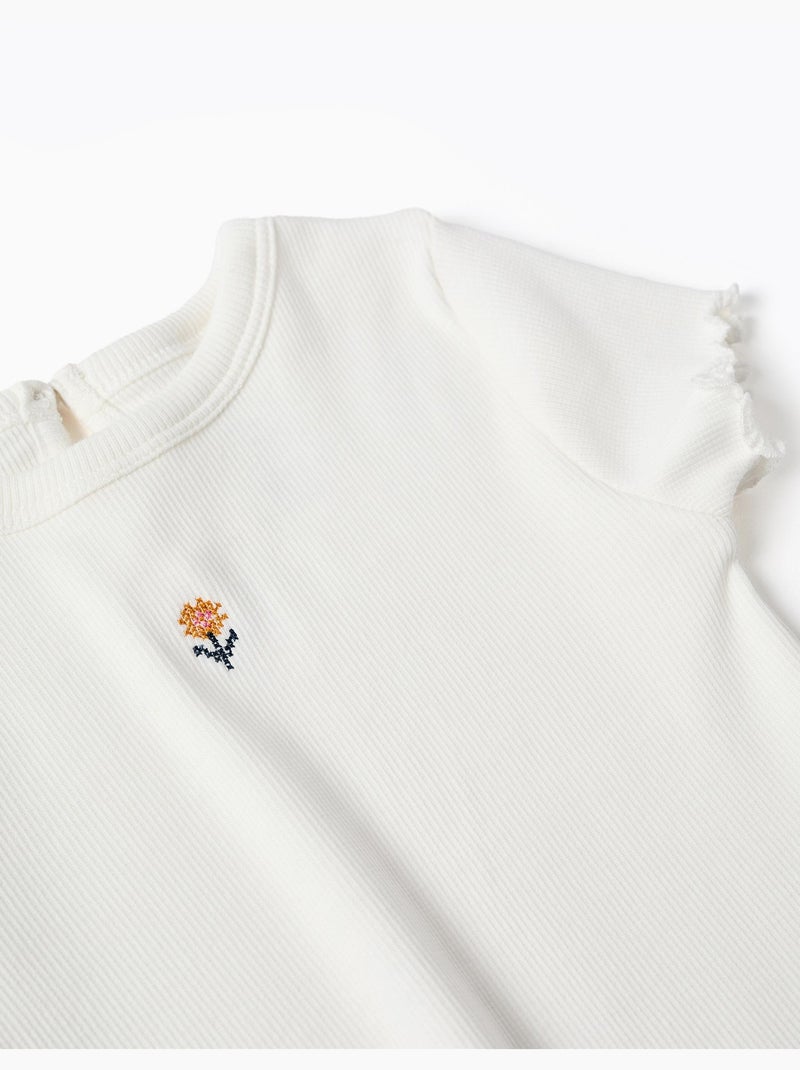 T-shirt a costine con fiore ricamato Beige chiaro - Kiabi