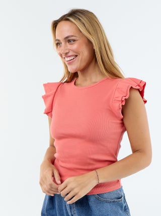 T-shirt a costine con maniche a volant