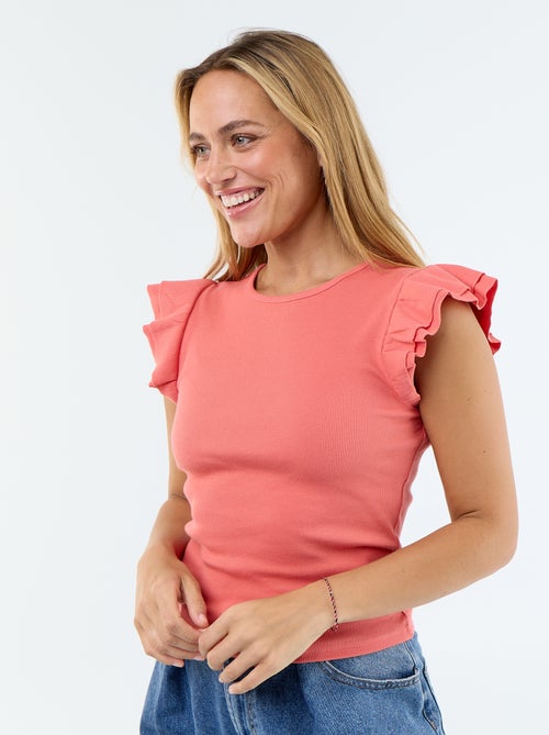 T-shirt a costine con maniche a volant - Kiabi