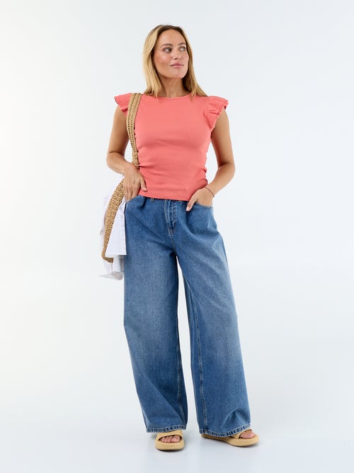 T-shirt a costine con maniche a volant - Kiabi