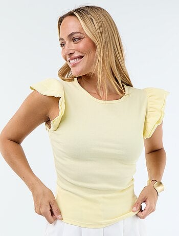 T-shirt a costine con maniche a volant