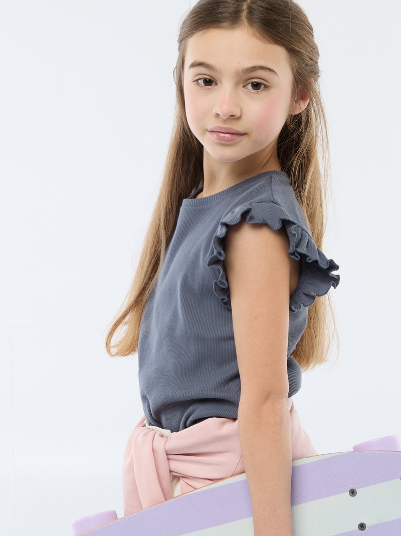 T-shirt a costine con maniche a volant Grigio - Kiabi