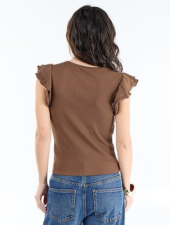 T-shirt a costine con maniche a volant