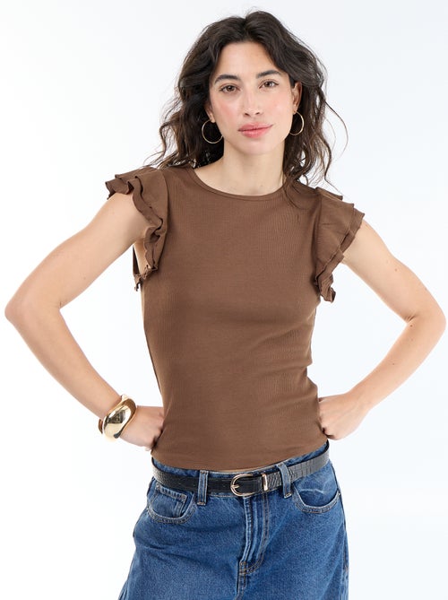T-shirt a costine con maniche a volant - Kiabi