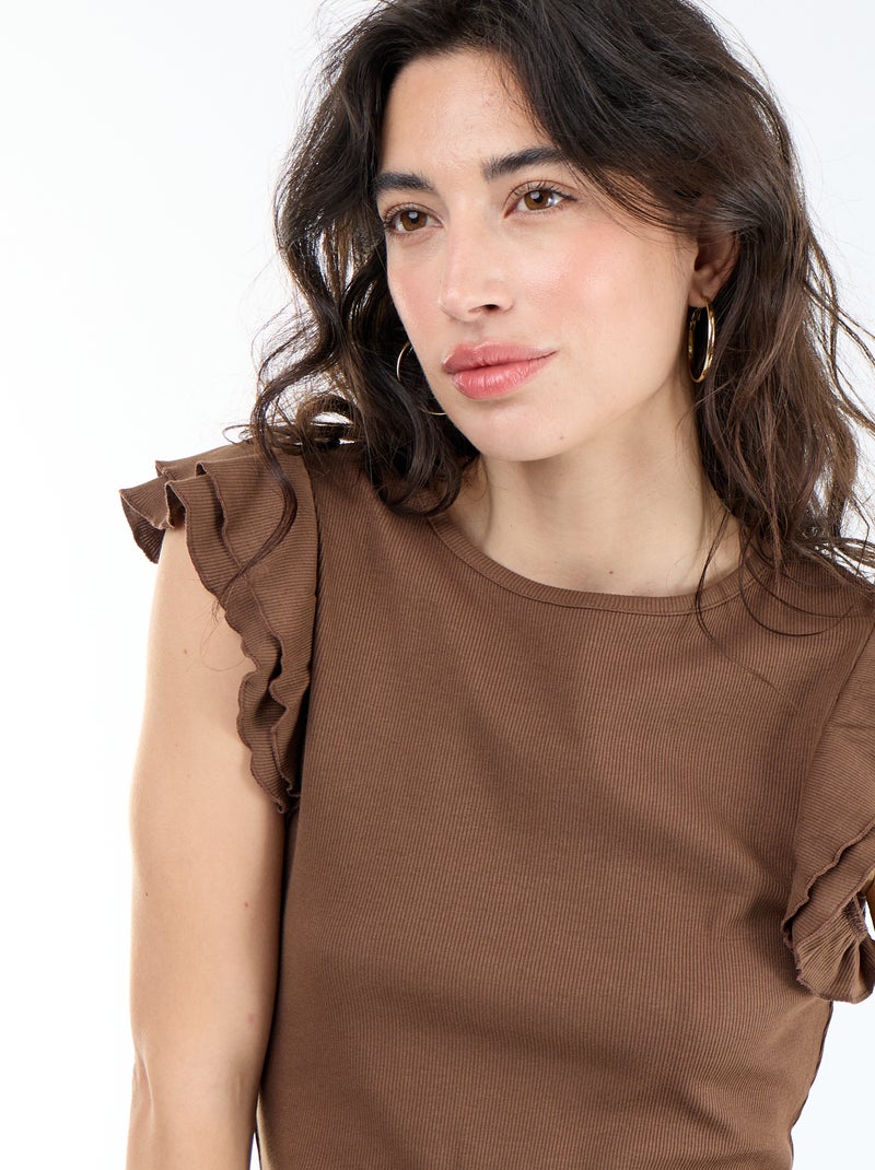T-shirt a costine con maniche a volant Marrone - Kiabi
