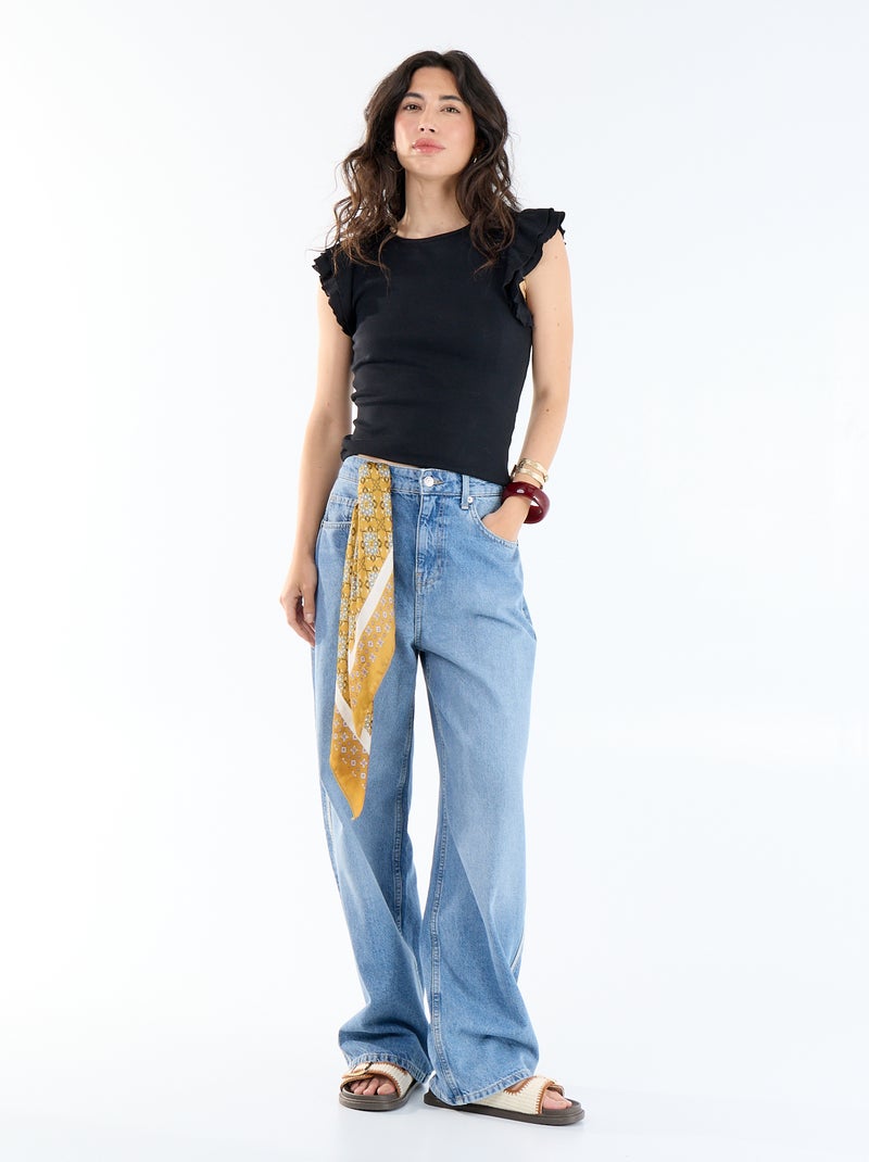 T-shirt a costine con maniche a volant Nero - Kiabi