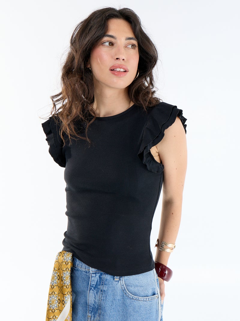 T-shirt a costine con maniche a volant Nero - Kiabi