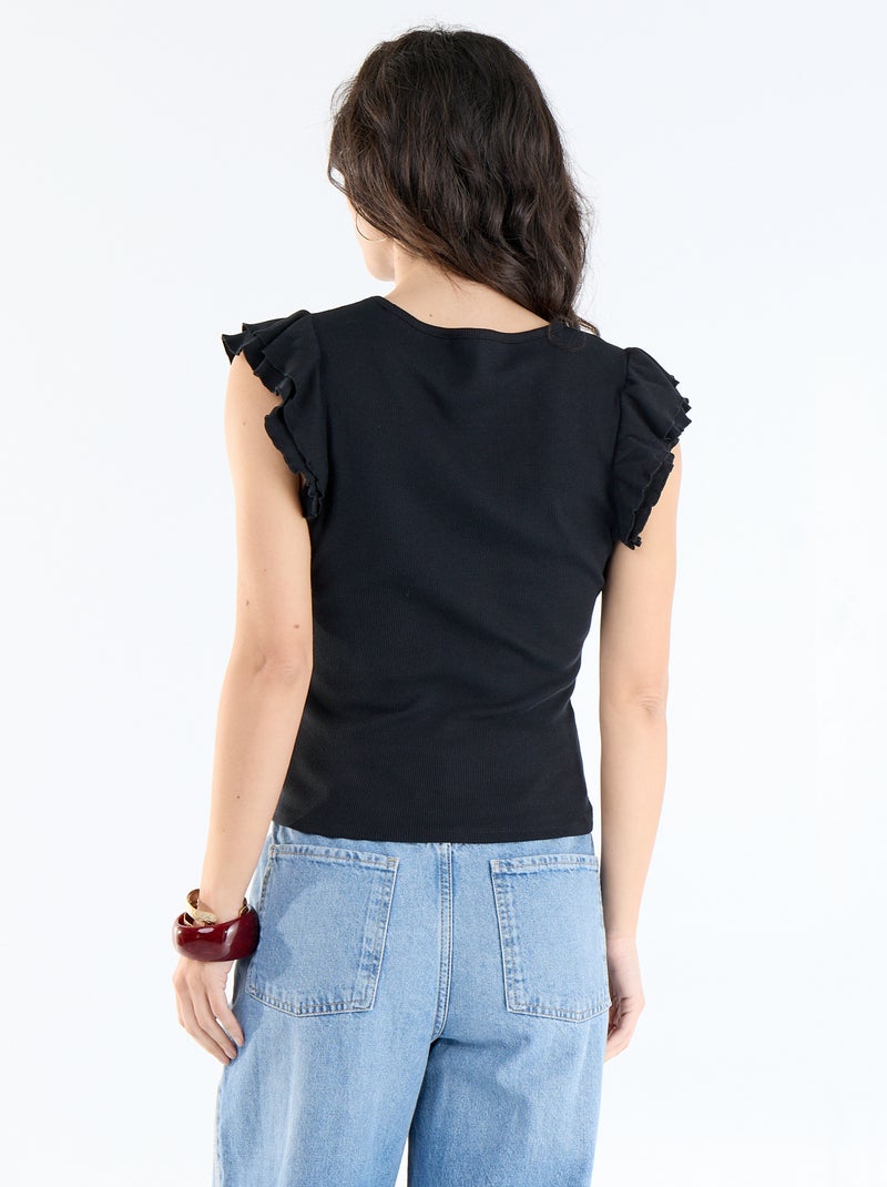 T-shirt a costine con maniche a volant Nero - Kiabi