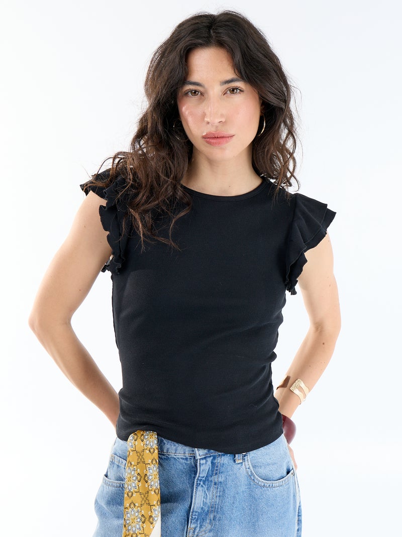 T-shirt a costine con maniche a volant Nero - Kiabi