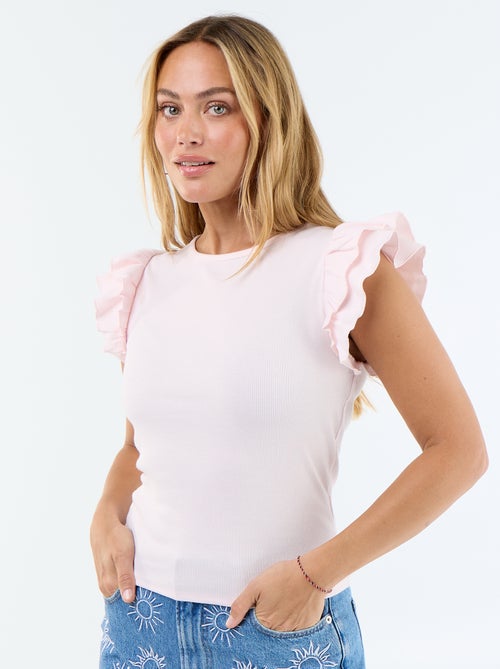 T-shirt a costine con maniche a volant - Kiabi