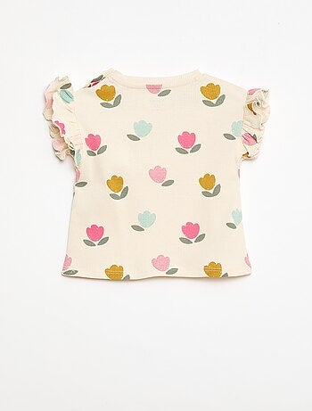 T-shirt a costine con maniche corte a volant