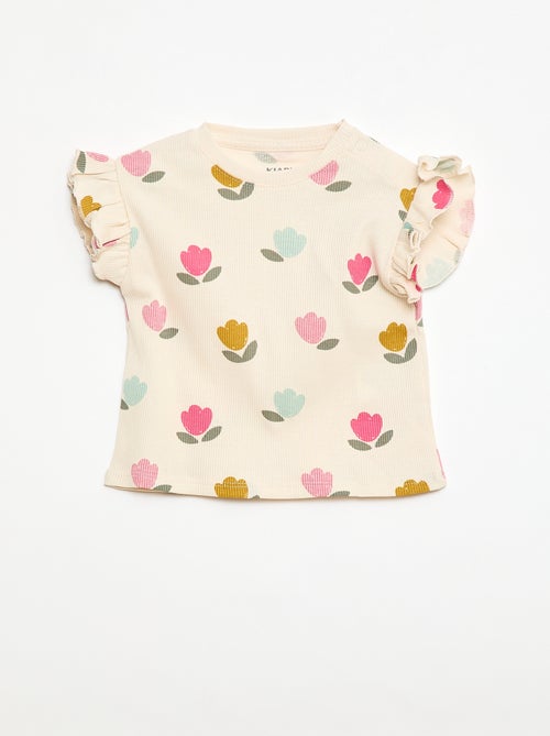 T-shirt a costine con maniche corte a volant - Kiabi