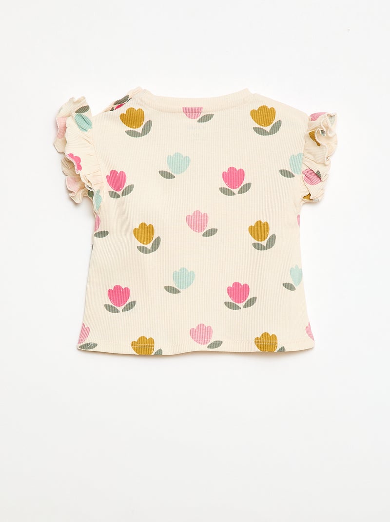 T-shirt a costine con maniche corte a volant Bianco - Kiabi