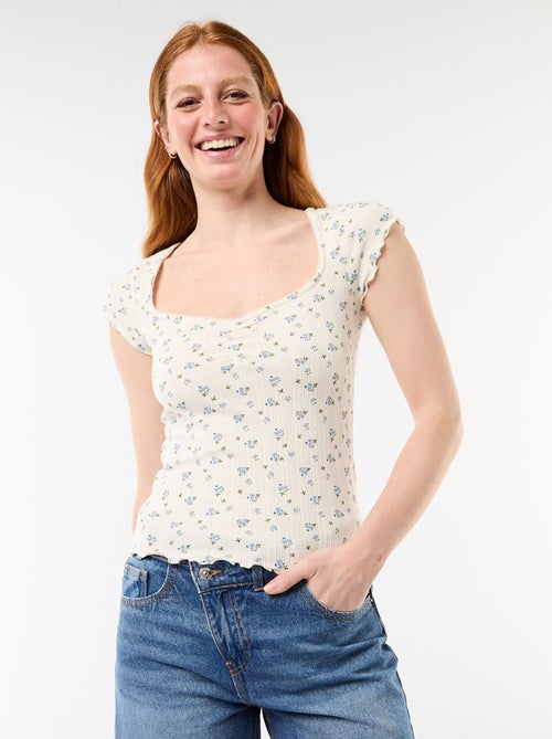 T-shirt a costine con maniche corte e volant - Kiabi