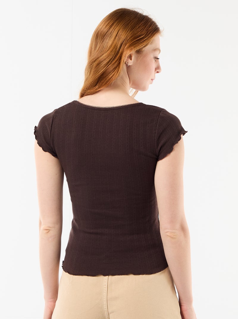 T-shirt a costine con maniche corte e volant Marrone - Kiabi