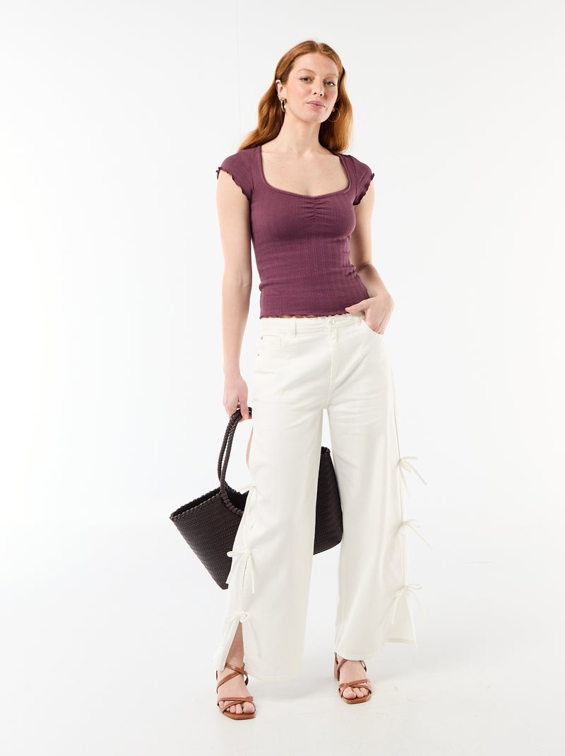 T-shirt a costine con maniche corte e volant Viola - Kiabi