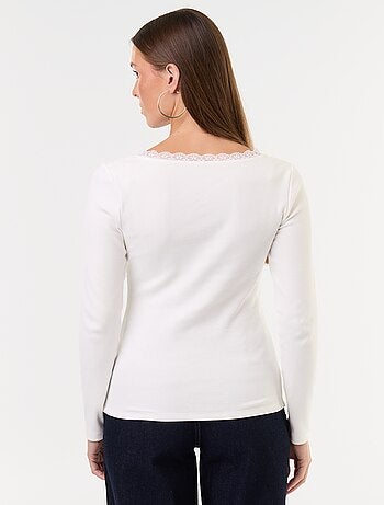 T-shirt a costine con pizzo al collo