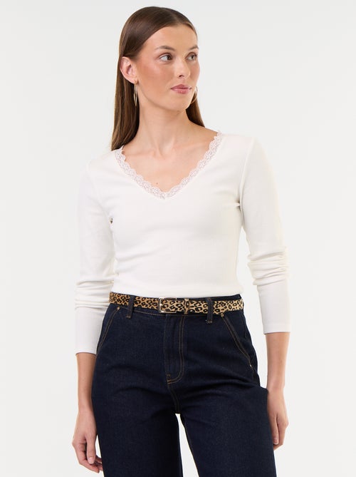T-shirt a costine con pizzo al collo - Kiabi