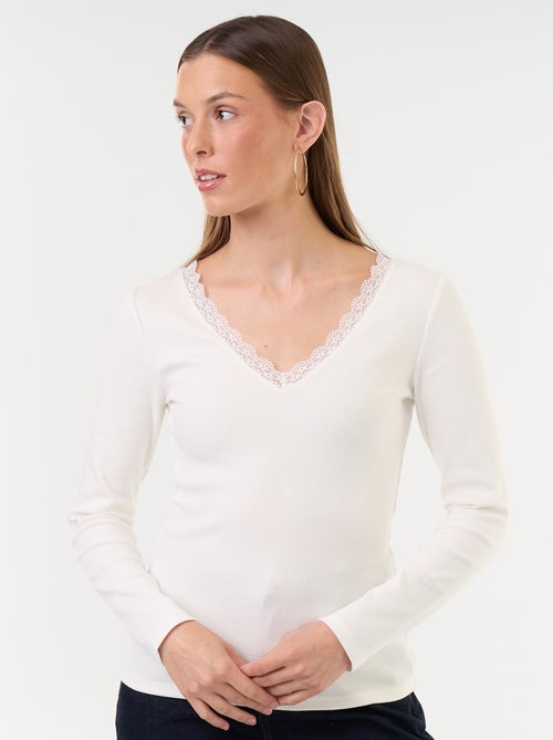 T-shirt a costine con pizzo al collo - Kiabi