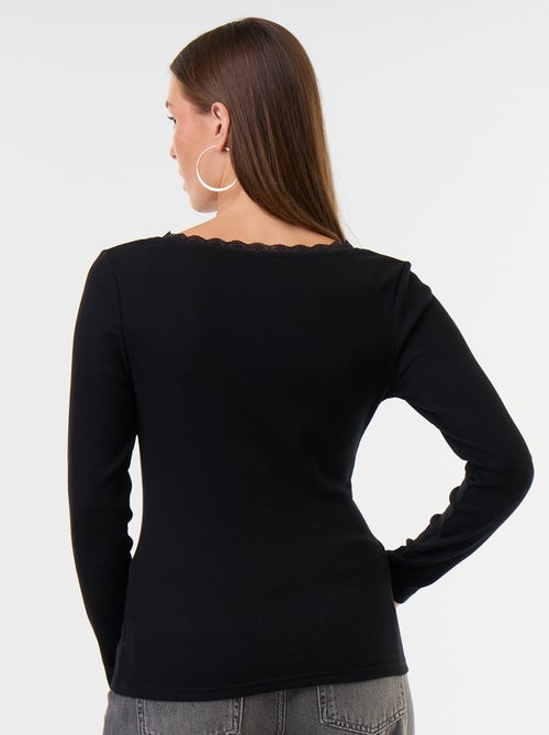 T-shirt a costine con pizzo al collo - Kiabi