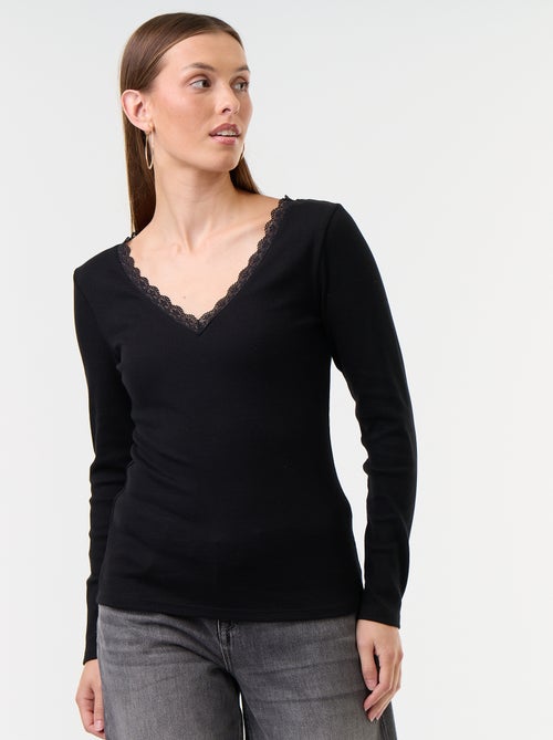 T-shirt a costine con pizzo al collo - Kiabi