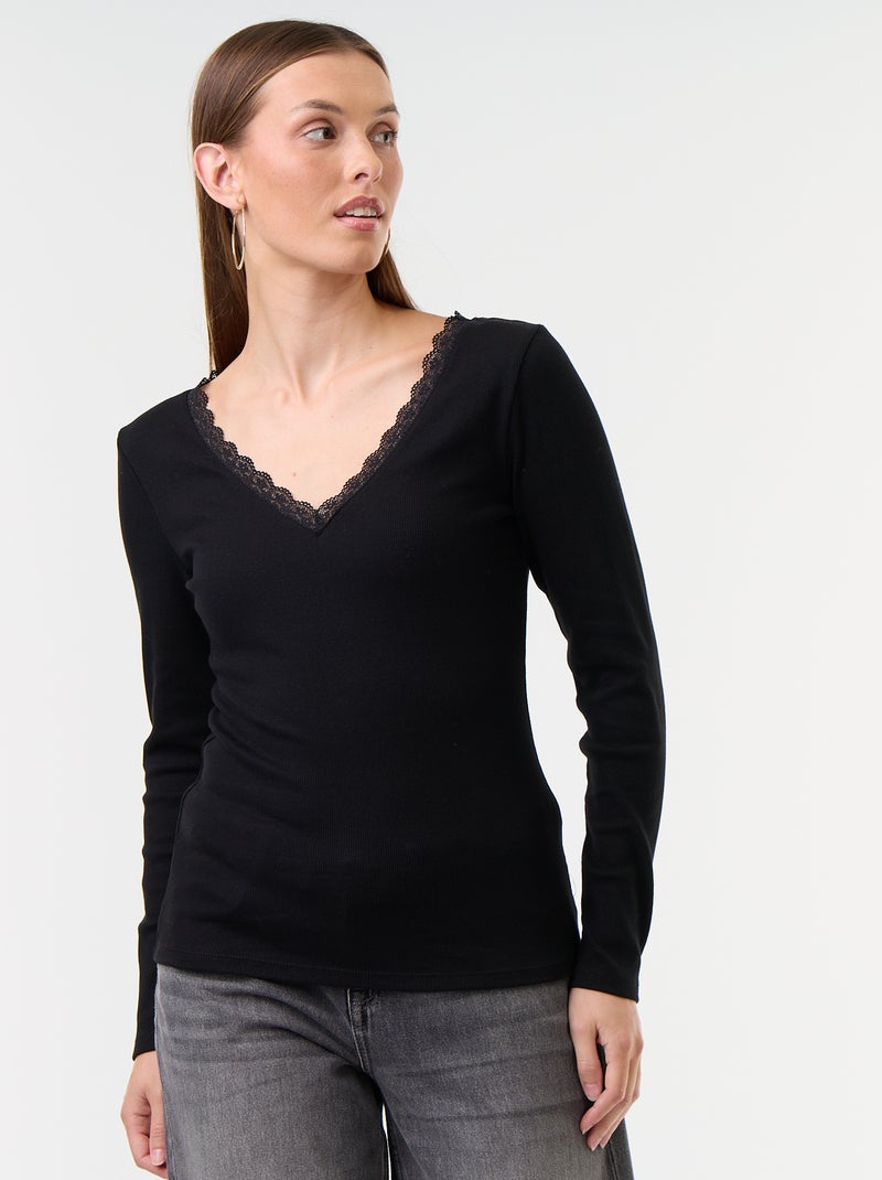 T-shirt a costine con pizzo al collo Nero - Kiabi