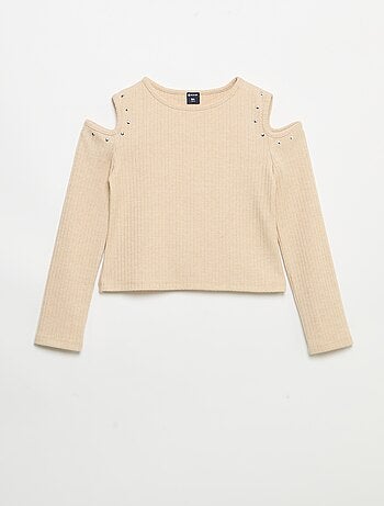 T-shirt a costine con spalle scoperte