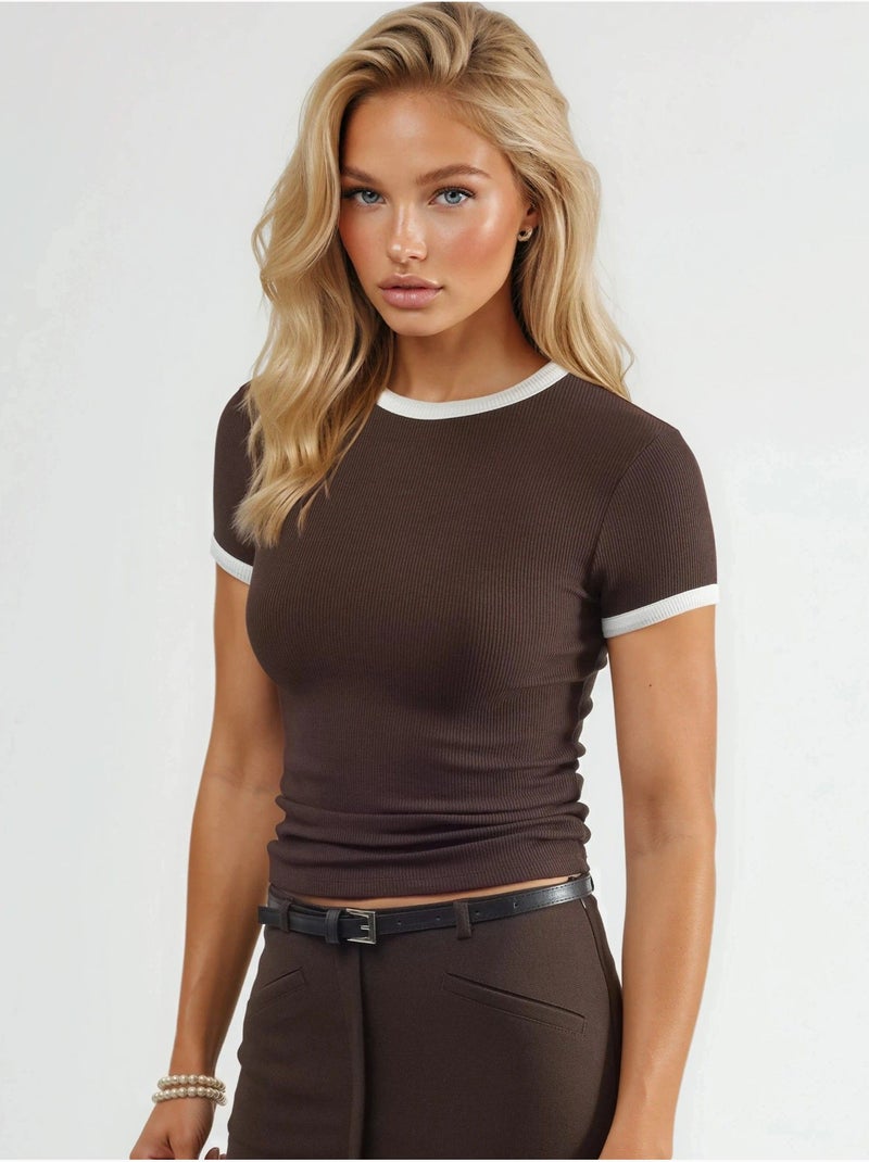 T-shirt a maniche corte a coste con scollo rotondo busem Marrone cioccolato - Kiabi