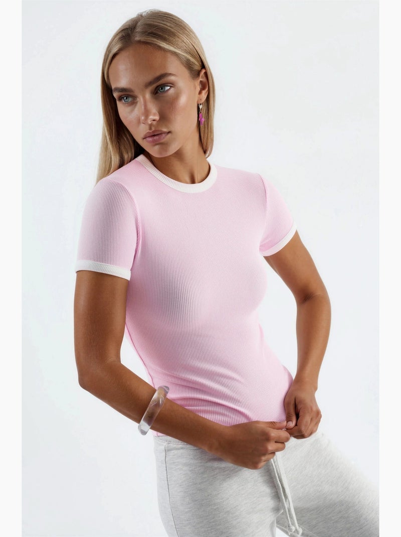 T-shirt a maniche corte a coste con scollo rotondo busem Rosa pallido - Kiabi