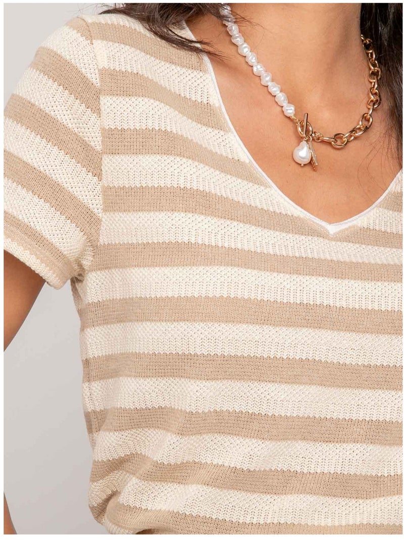 T-shirt a maniche corte a righe FIGO Beige - Kiabi