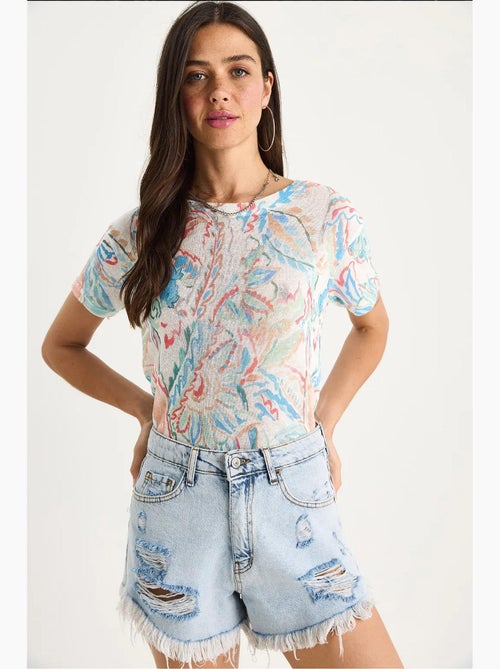 T-shirt a maniche corte con girocollo a fiori lucci - Kiabi T-shirt a maniche corte con girocollo a fiori lucci - Kiabi