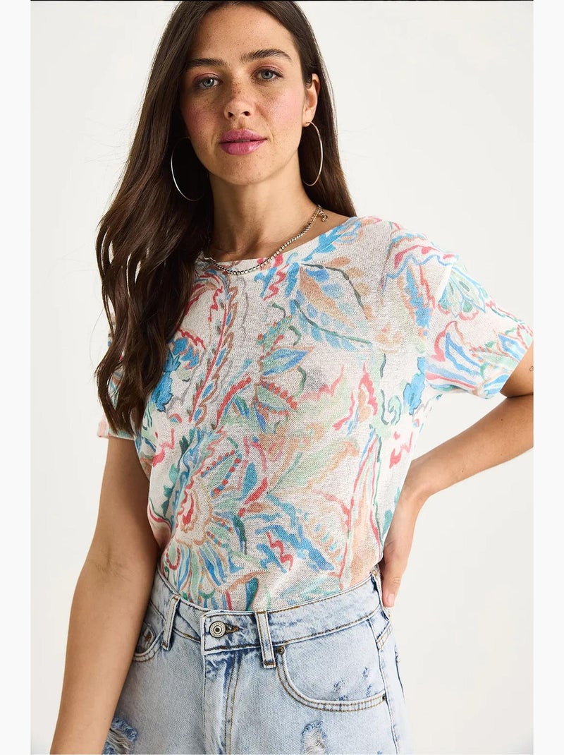 T-shirt a maniche corte con girocollo a fiori lucci Blu zaffiro - Kiabi