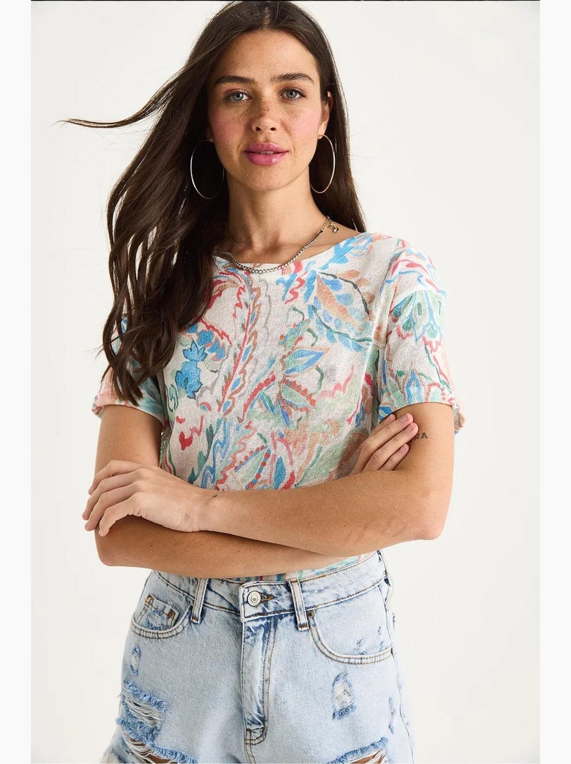 T-shirt a maniche corte con girocollo a fiori lucci Blu zaffiro - Kiabi
