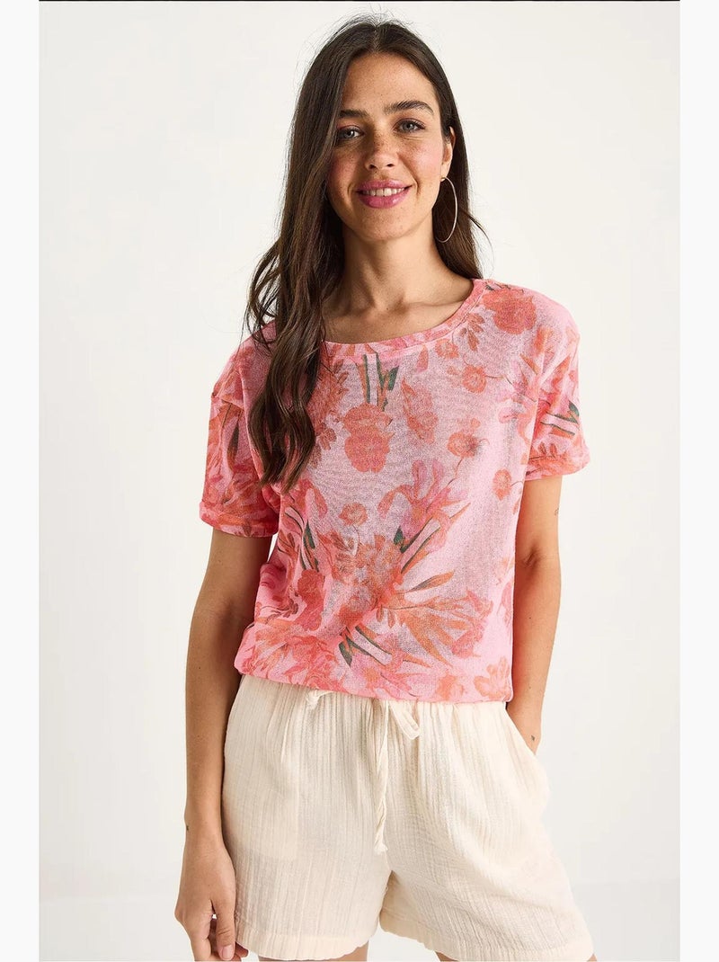 T-shirt a maniche corte con girocollo a fiori lucci Rosa fluo/Solinotes - Kiabi
