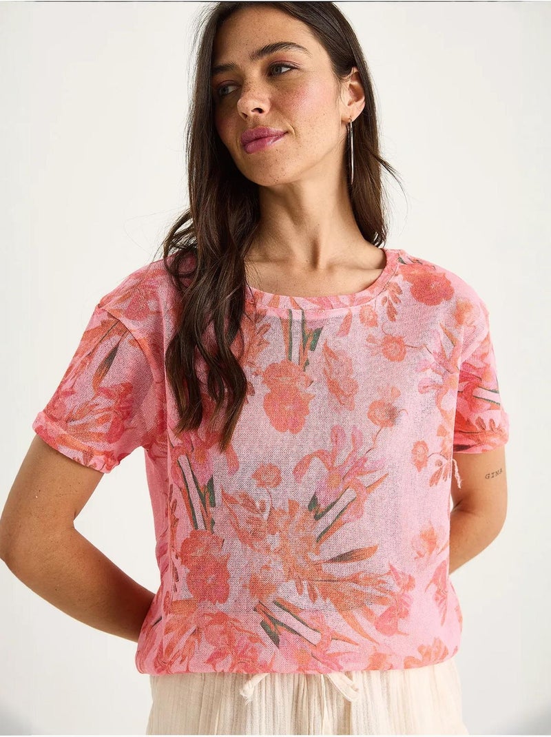T-shirt a maniche corte con girocollo a fiori lucci Rosa fluo/Solinotes - Kiabi