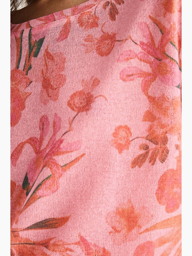 T-shirt a maniche corte con girocollo a fiori lucci Rosa fluo/Solinotes - Kiabi