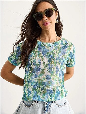 T-shirt a maniche corte con girocollo a fiori lucci