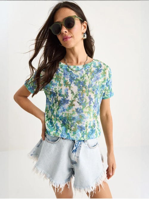 T-shirt a maniche corte con girocollo a fiori lucci - Kiabi T-shirt a maniche corte con girocollo a fiori lucci - Kiabi