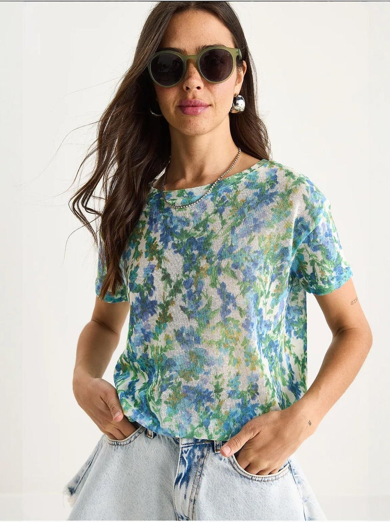 T-shirt a maniche corte con girocollo a fiori lucci Verde - Kiabi