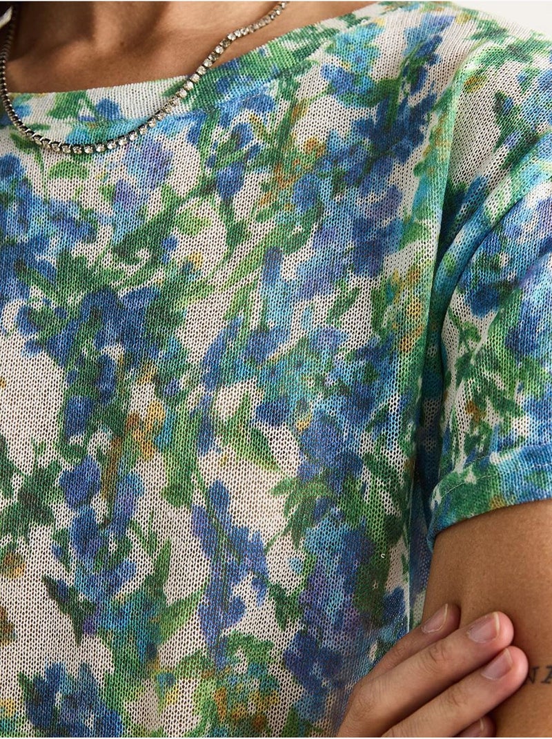 T-shirt a maniche corte con girocollo a fiori lucci Verde - Kiabi