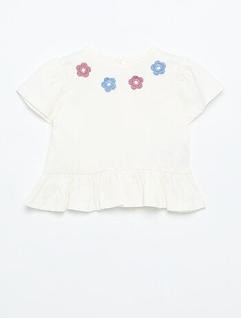 T-shirt a maniche corte con ricami e bordo a balze